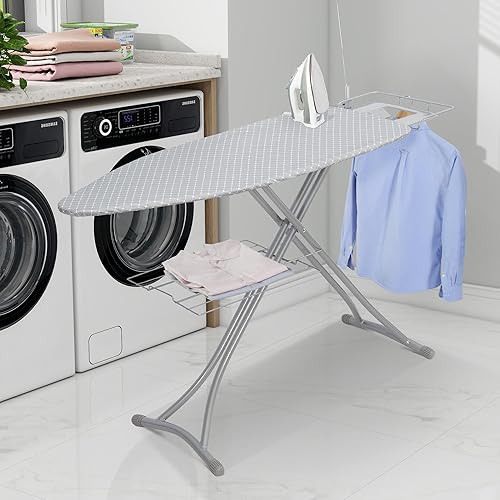 Miniatura 8 de Tabla de planchar de 48 x 18 pulgadas con soporte para hierro, altura ajustable de 27 a 37 pulgadas, tabla de hierro plegable de tamaño completo que