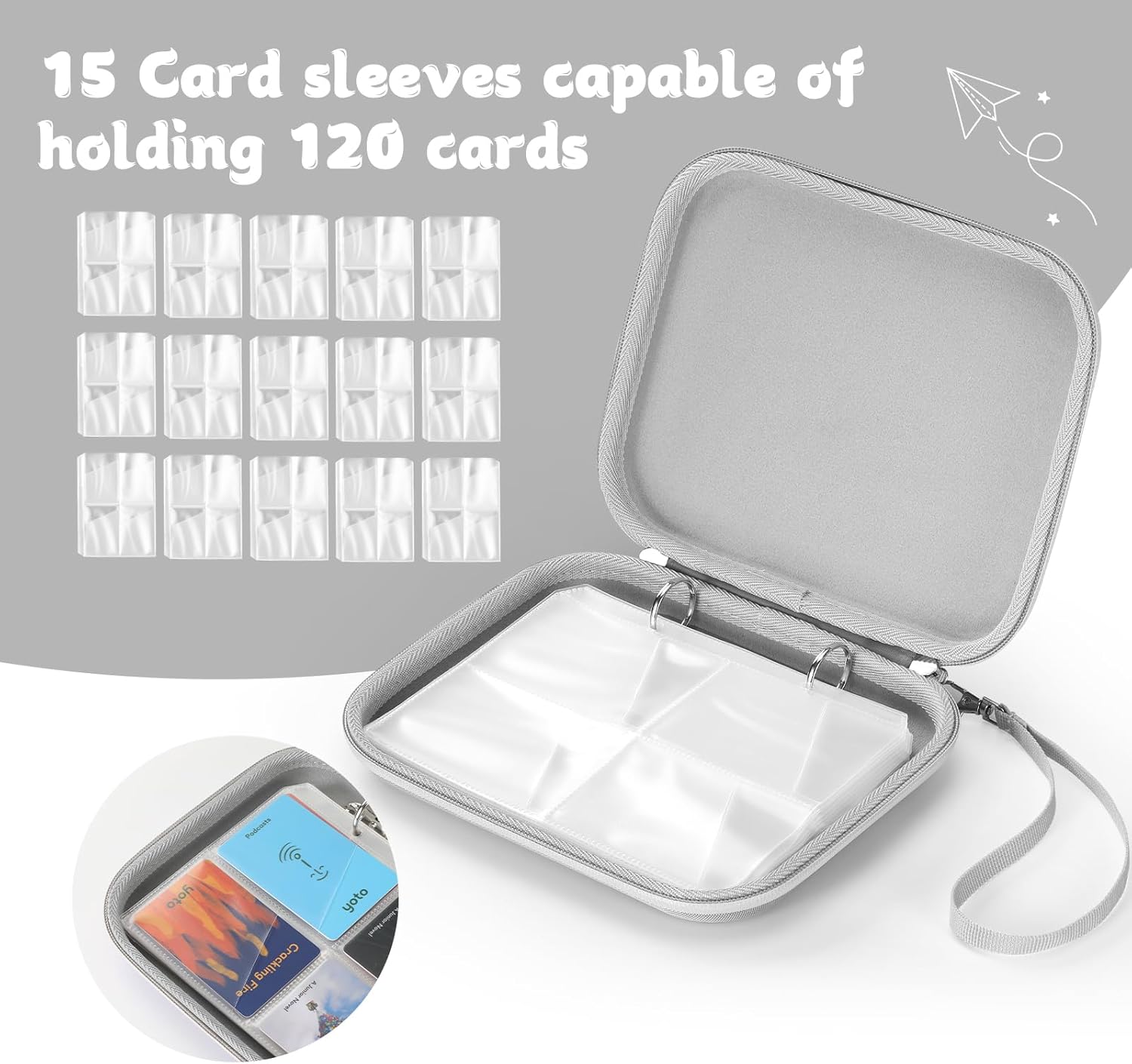 Portable Card Holder Case For Yoto Cards, Double-sided Binders Holds up to 120 Audiobook Cards, Storage Bag with Card Sleeve for Easy Travel & Organization (Gray)