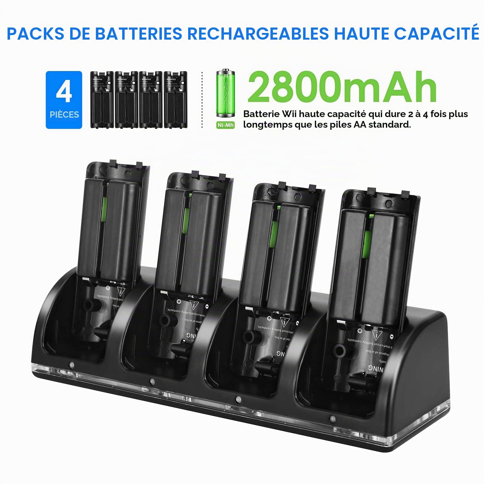 Station de Chargeur de Contrôleur Wii, Station de Chargeur de Contrôleur 4 en 1 avec Batterie Rechargeable 4 Pièces 2800mAh pour Télécommande de Jeu Wii / Wii U