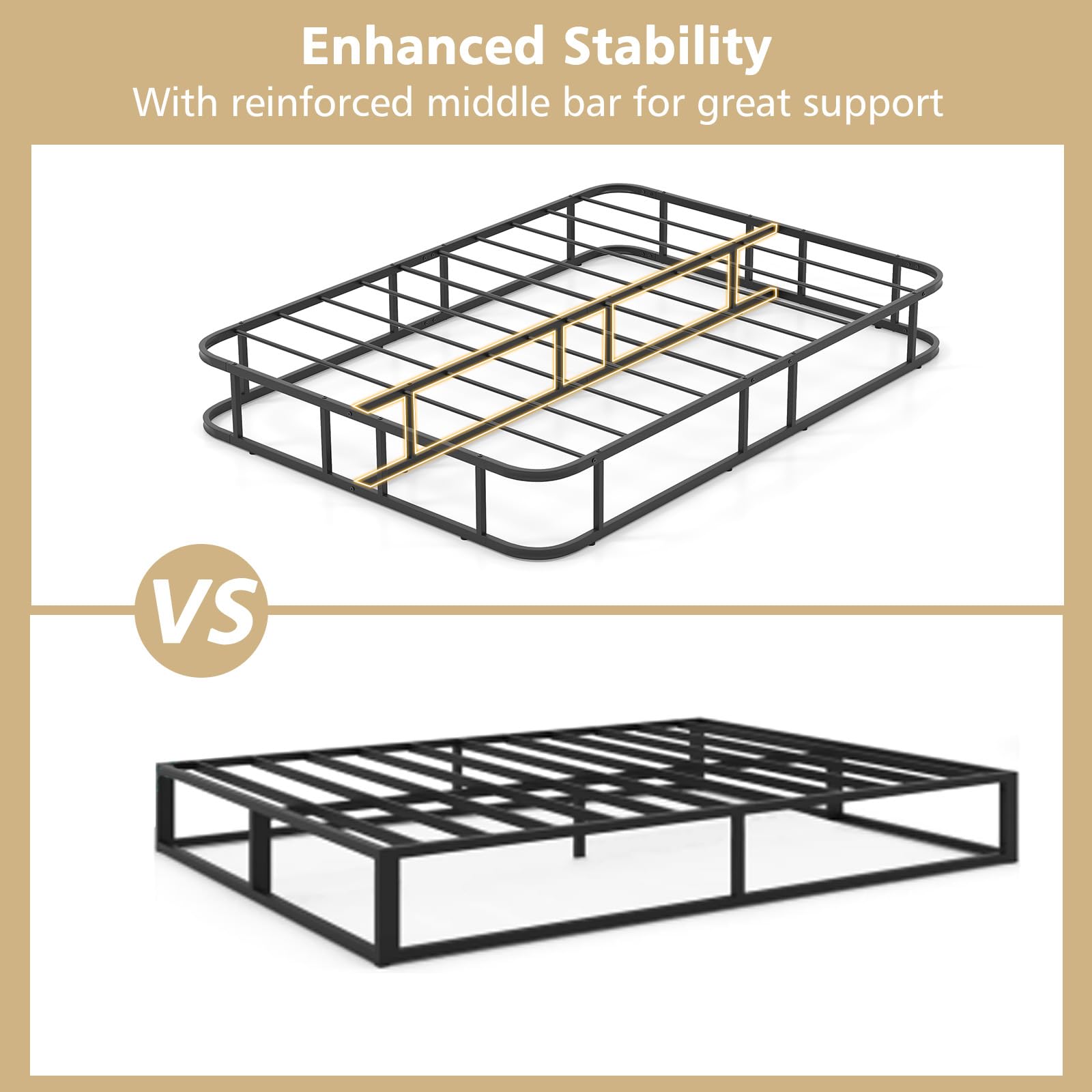 GIANTEX Boxspring Boxspringbett 140 x 200 x 26 cm, Bettgestell aus Metall, Metallbett mit Lattenrosten, Doppelbett Plattform Bett mit Metallleistenunterstützung, bis zu 300 kg belastbar, Schwarz