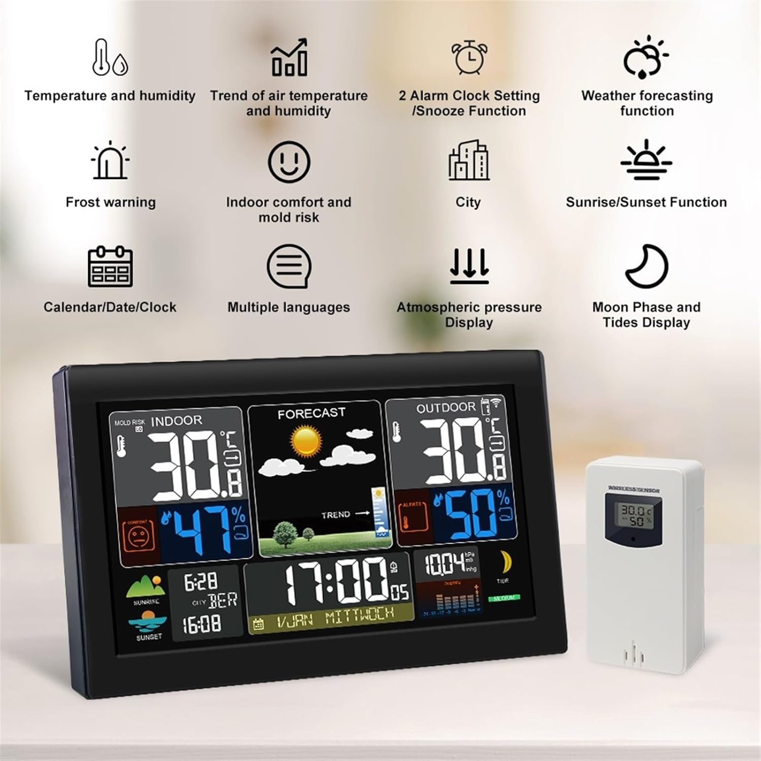 Digital Thermometer Hygrometer Indoor Outdoor Alarm Clock Table Wireless Temperature Humidity Meter(EU)