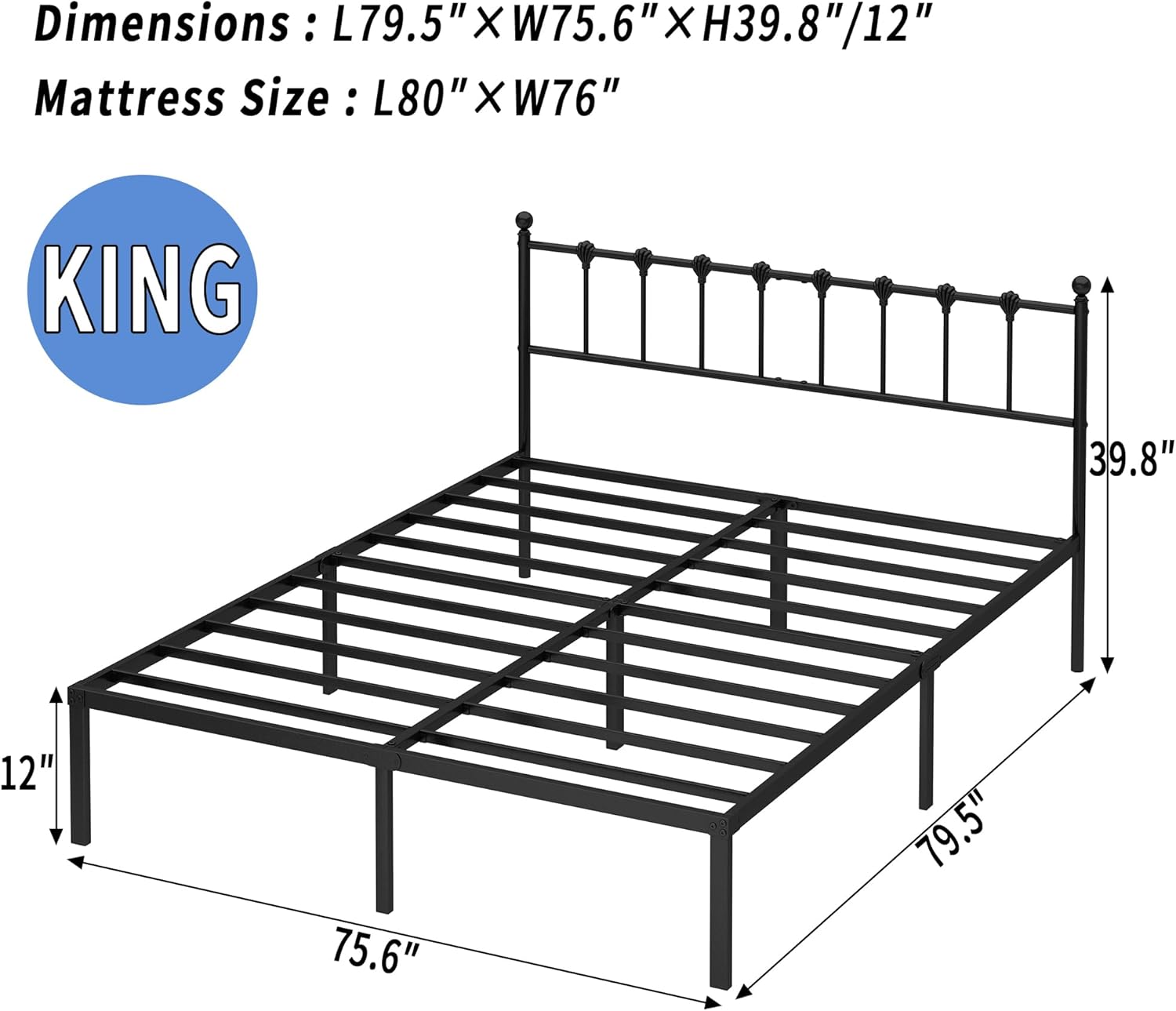 King Size Bed Frame with Modern Headboard, Metal Platform Bed Base with Strong Support, No Box Spring Needed, Easy Assembly, Noise Free,Black - Image 2