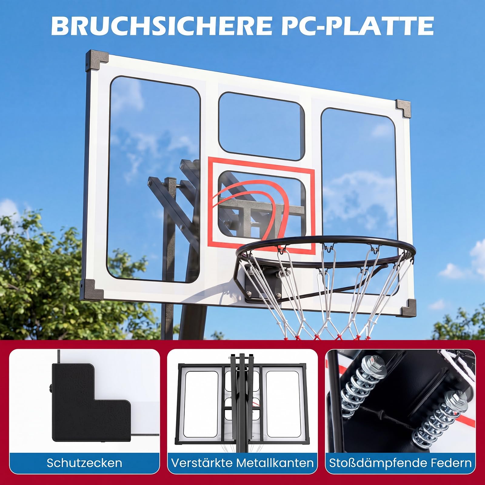 COSTWAY Basketballkorb Outdoor mit Kurbel, 150/245-305 cm höhenverstellbar | Basketballständer mit Ballrücklauf, 2 Rädern & PC-Rückwand, mobile Korbanlage, Korbsystem tragbar für Kinder, Erwachsene