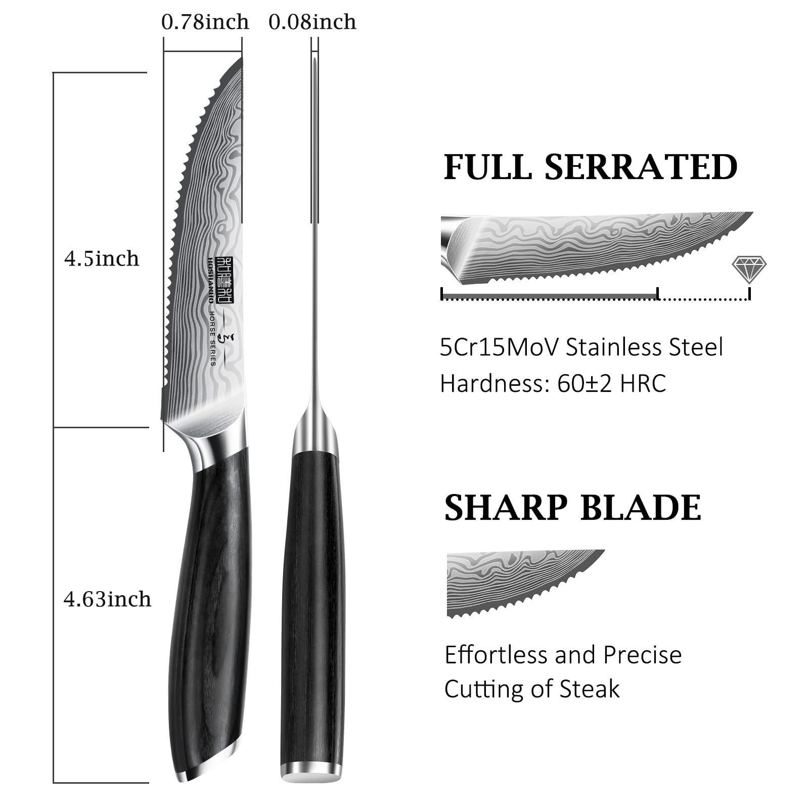 HOSHANHO 6-Teilig Steakmesser-Set, 11,5 cm Steakmesser Set mit Japanischer Wellenschliffklinge, Ultrascharfes Steakmesser aus Pulverisiertem Kohlenstoffstahl mit Pakkaholzgriff
