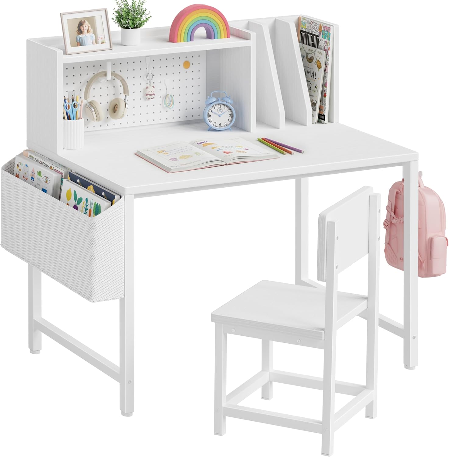 BOLUO Kids Desk & Chair Set for 6-12 Year Olds - Study Table with Hutch, Pegboard Organizer & Storage Shelf for Boys & Girls