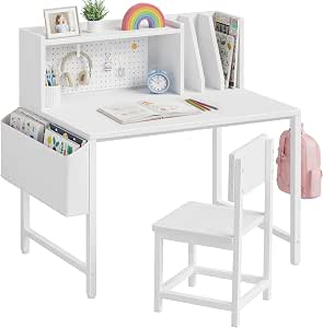 Kids Desk and Chair Set with Hutch and Pegboard for 6-12 Year Olds