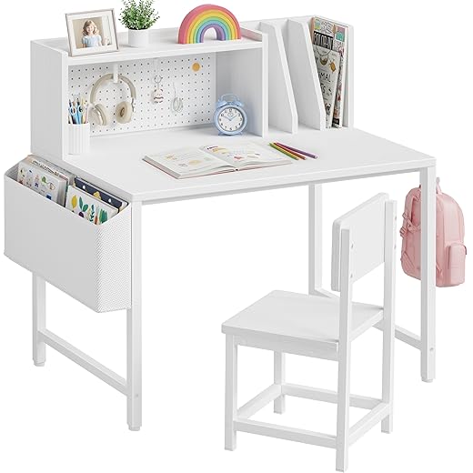 BOLUO Kids Desk and Chair Set for 6-12 Year Old, Children Study Desk with Hutch and Pegboard, Student Writing Table with Storage Shelf for Girls Boys