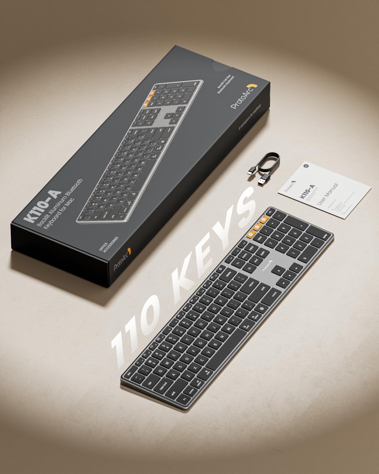 ProtoArc Tastiera wireless retroilluminata per Mac, K110-A Tastiera Bluetooth Full Size in alluminio, multi-dispositivo, basso profilo, digitazione fluida silenziosa, ricaricabile, per MacBook Pro/Air