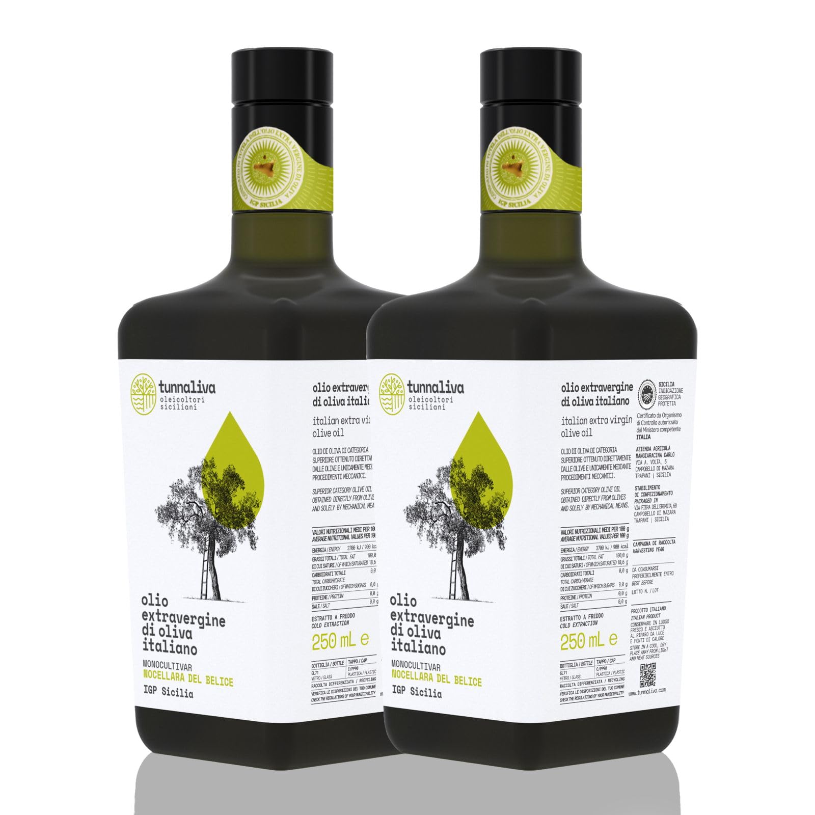 Olio EVO Tunnaliva - Olio Extra Vergine di Oliva Italiano - 100% Nocellara del Belice - IGP Sicilia - Set N.2 Bottiglie 250 mL