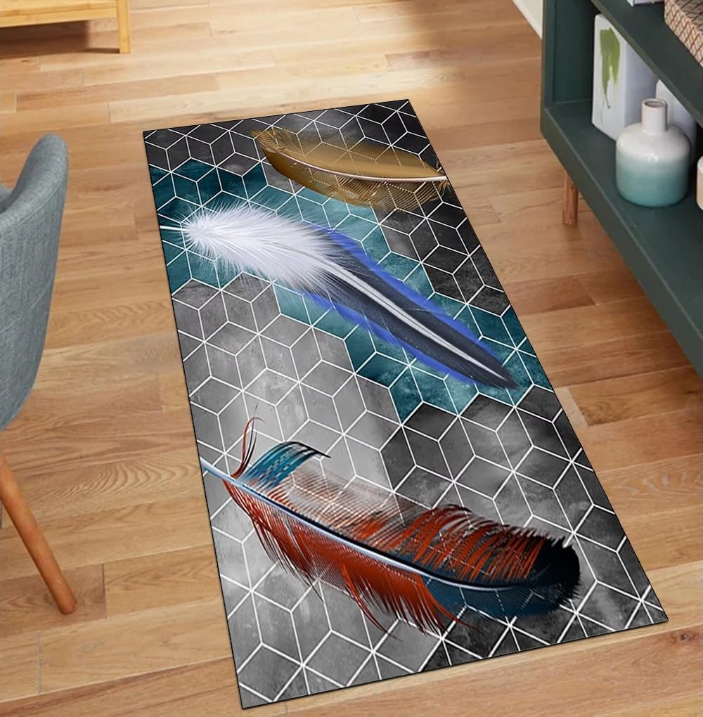Alfombra de pasillo larga lavable de poliéster multicolor con diseño de plumas 100x120 cm