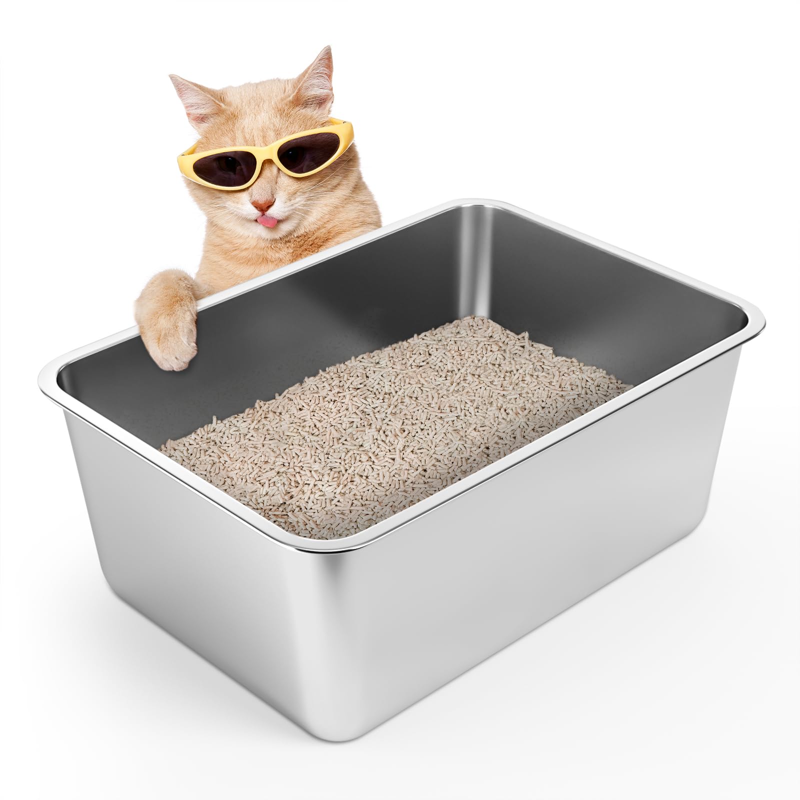 IKITCHEN Large Stainless Steel Cat Litter Box (19.5"L X 13.5"W X 8"H), XL Litter Pan, Metal Cat Litter Box for Cats Rabbits, Odorless, Stain Free, Rustproof, High Sides, Non Slip Bottom, Easy to Clean