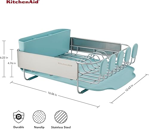 Miniatura 2 de KitchenAid Escurridor de platos compacto que ahorra espacio, resistente a la corrosión, con organizador de cubiertos extraíble y escurridor en