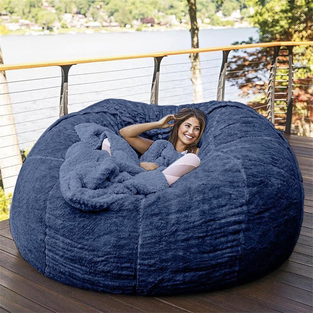 Bean Bag Chair Cover(No Filler) for Adults Kids,Oversized Soft Fluffy Plush Velvet Lazy Sofa Beanbag Cover for Winter,Large Living Room Bedroom Furniture (Navy,6ft)