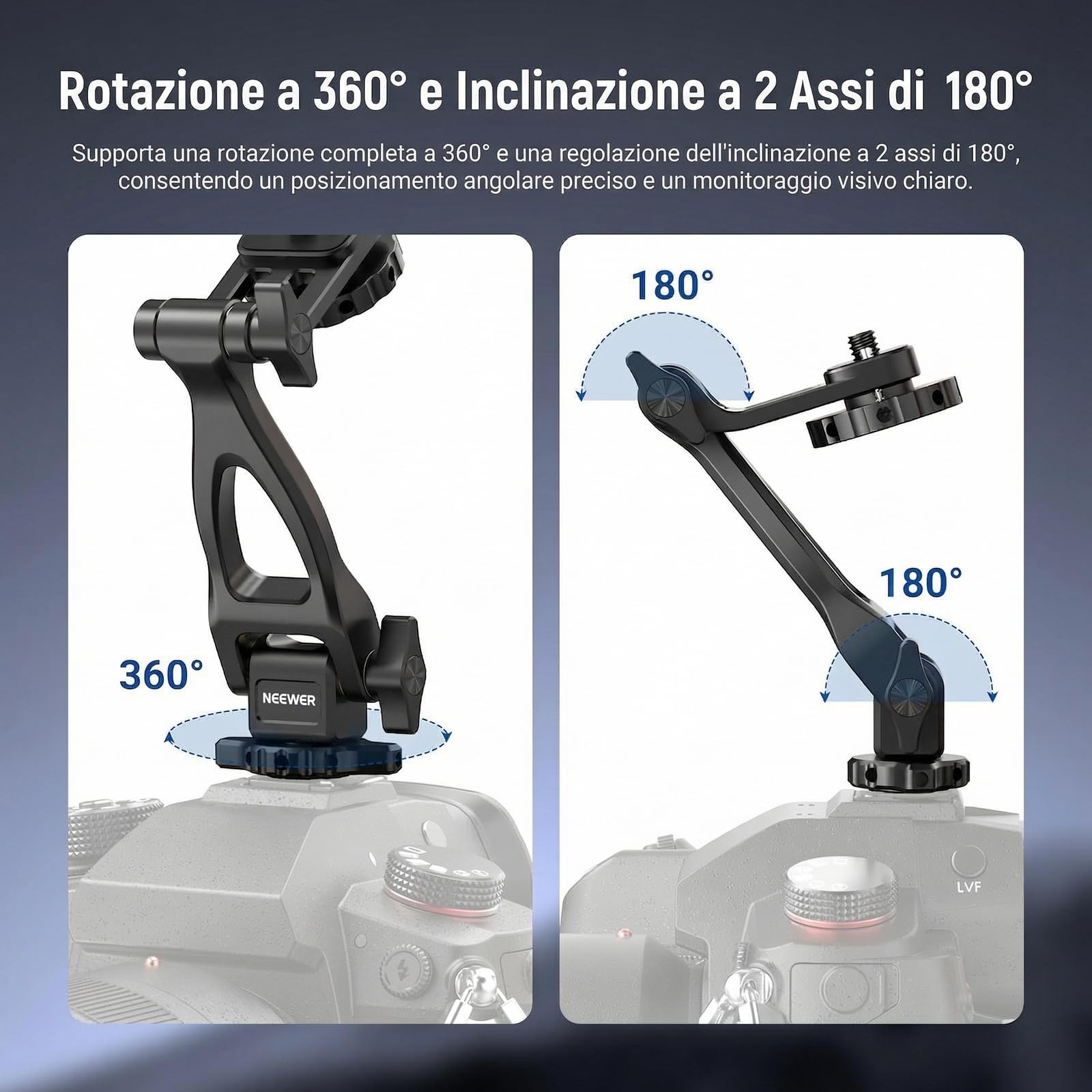 NEEWER Adattatore Monitor a 2 Assi, Supporto per Monitor da Campo 5"/7" con Cold Shoe, Vite Antitorsione 1/4", Rotazione 360° Inclinazione 180°, Accessori Fotocamera per Fotografia Videografia, MA023