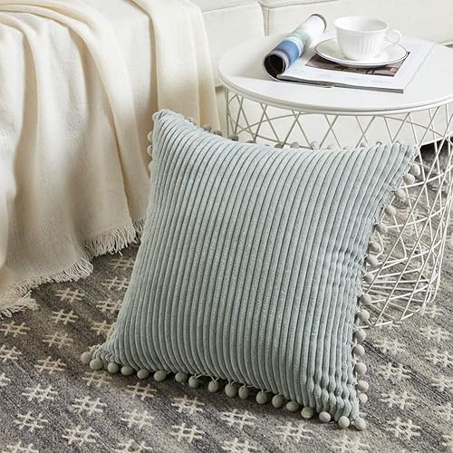 Miniatura 2 de Fancy Homi - Paquete de 2 fundas de cojines, de pana suave y decorativas, con pompones, cuadradas, de color liso, fundas de cojines para sofá,