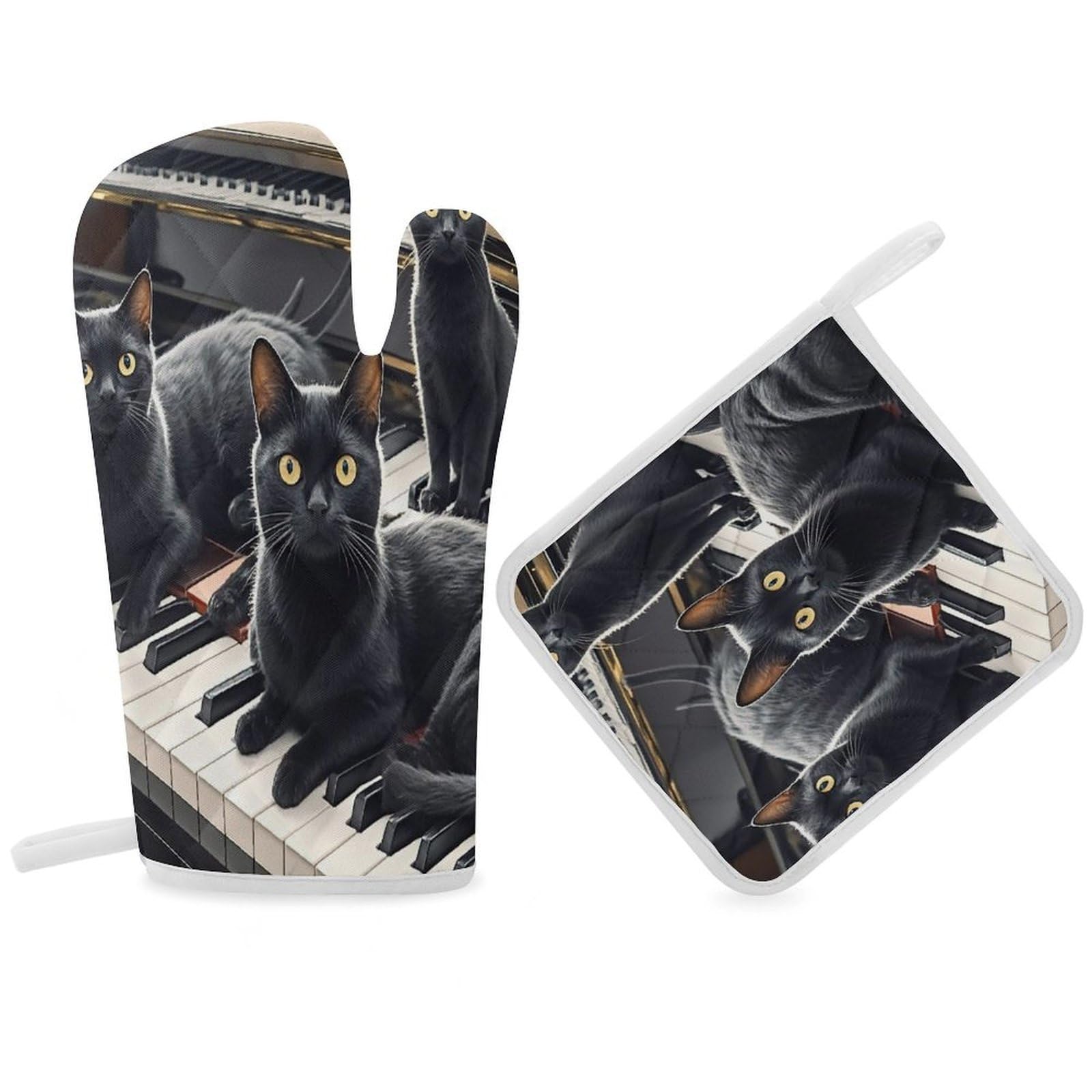 Black Cats Lying on The Piano Keyboard Oven Mitt Gloves and Heat Insulation Pads Double-Layer Thickened Heat Insulation Mitt Temperature Oven Gloves for Cooking Baking Grilling