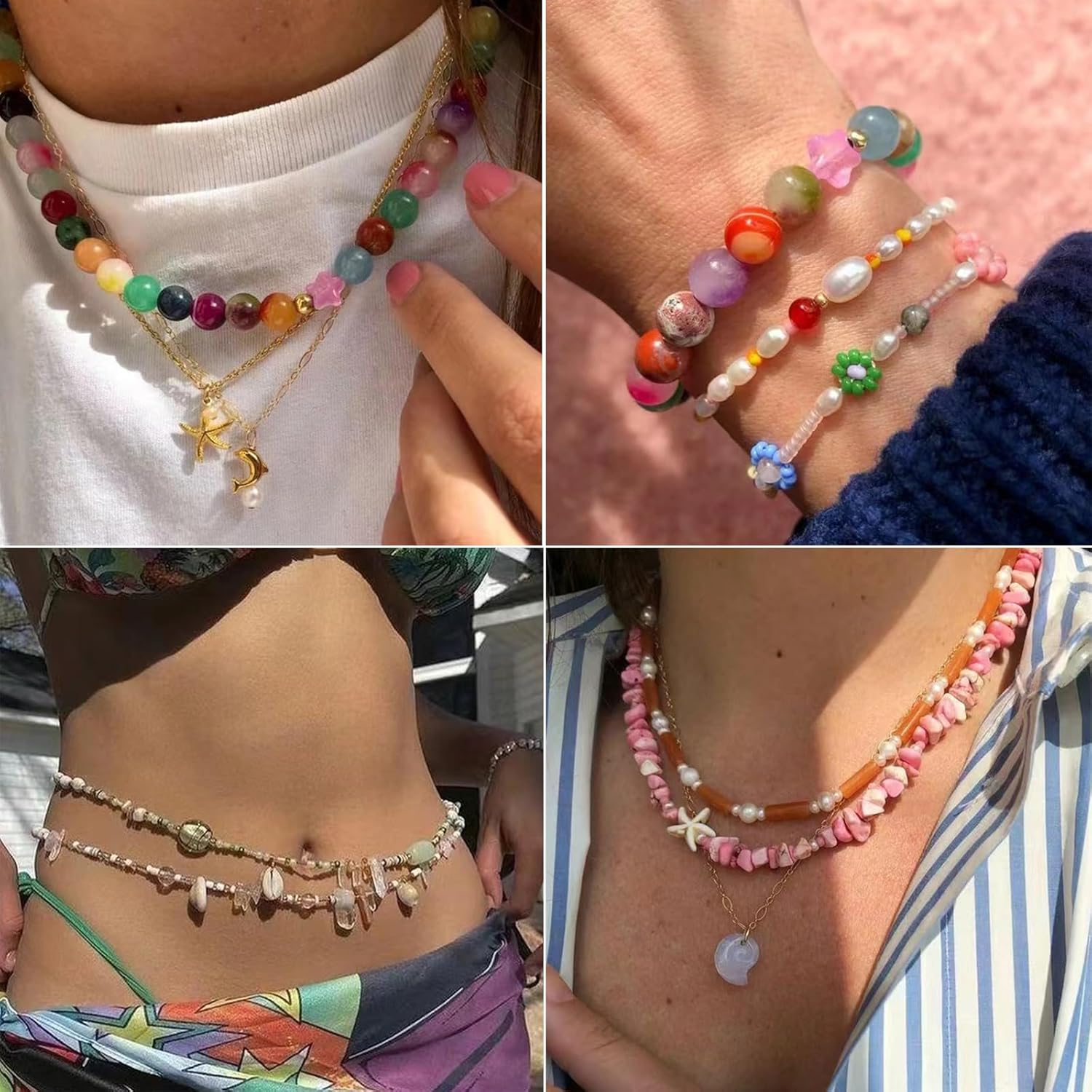 4 x Transparent Elastic Thread for Bracelets, Transparent Elastic Bracelet with Bead Needle, for Making Bracelets, Jewellery Beads, Necklaces Crafts (0.4 mm, 0.6 mm, 0.8 mm, 1 mm)