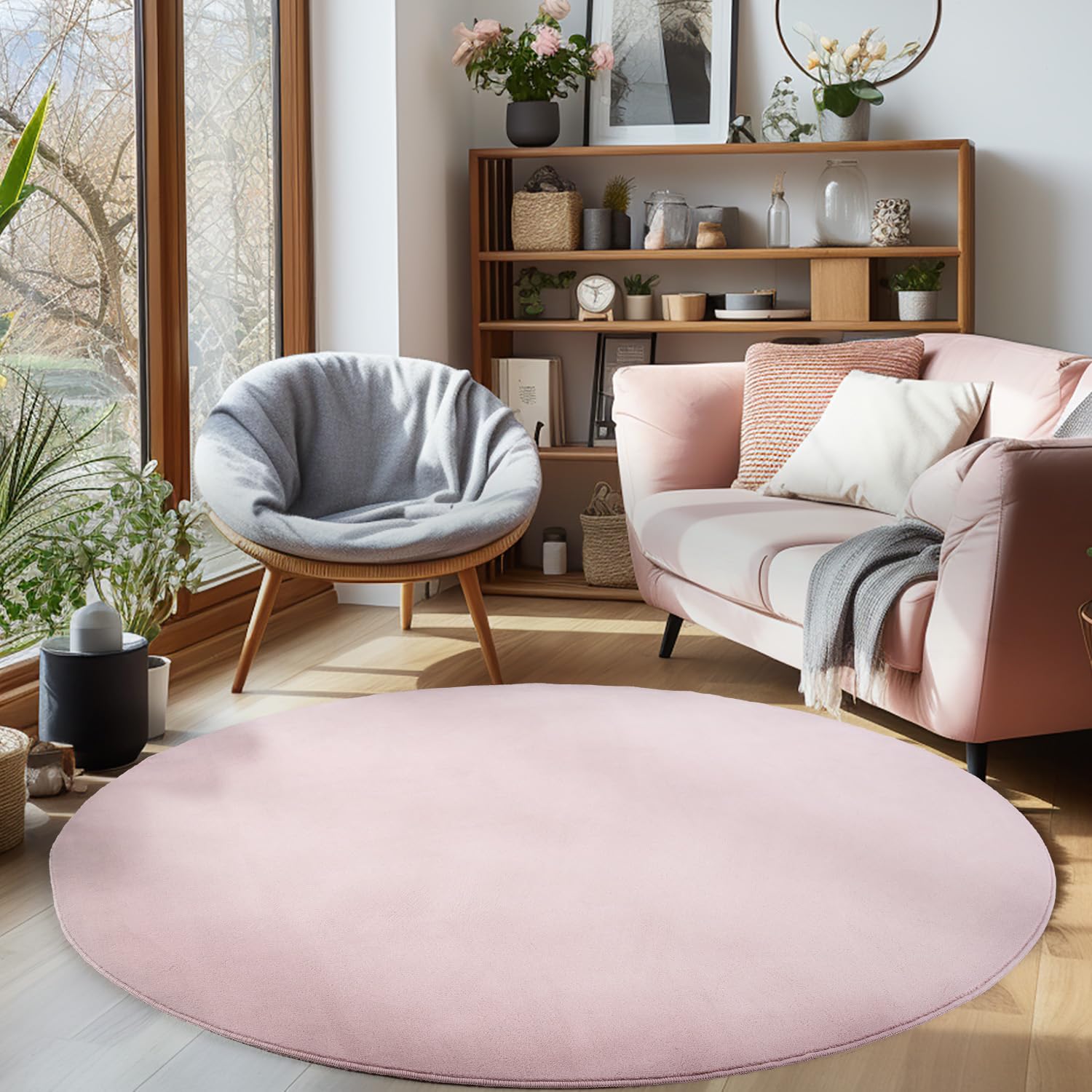 Einfarbiger Teppich Rund Wohnizmmer, Esszimmer, Schlafzimmer, Küchenteppich Waschbar Runder Teppich Beige Flauschig Kurzflor Carpet