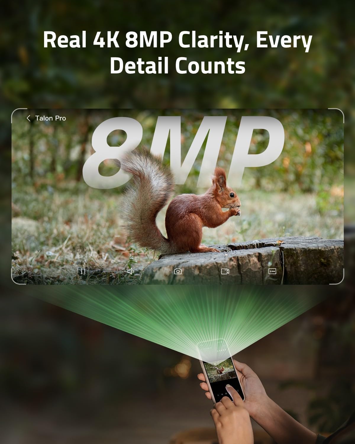 A squirrel eating on a tree stump, with an overlay indicating 'Real 4K 8MP Clarity, Every Detail Counts'.