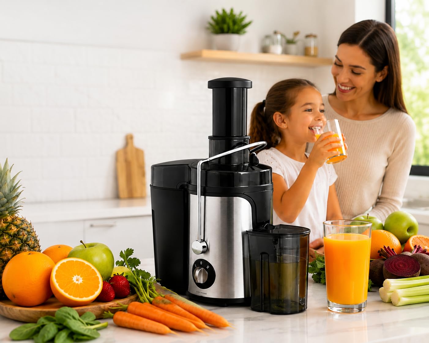 Exprimidor Eléctrico de Frutas y Verduras Licuadora Extractora de Jugos Centrífuga para Frutas Juicer 2 Velocidades Contenedor de Pulpa 1.2L Fácil limpieza Extractor de Jugos 400W Acero Inoxidable