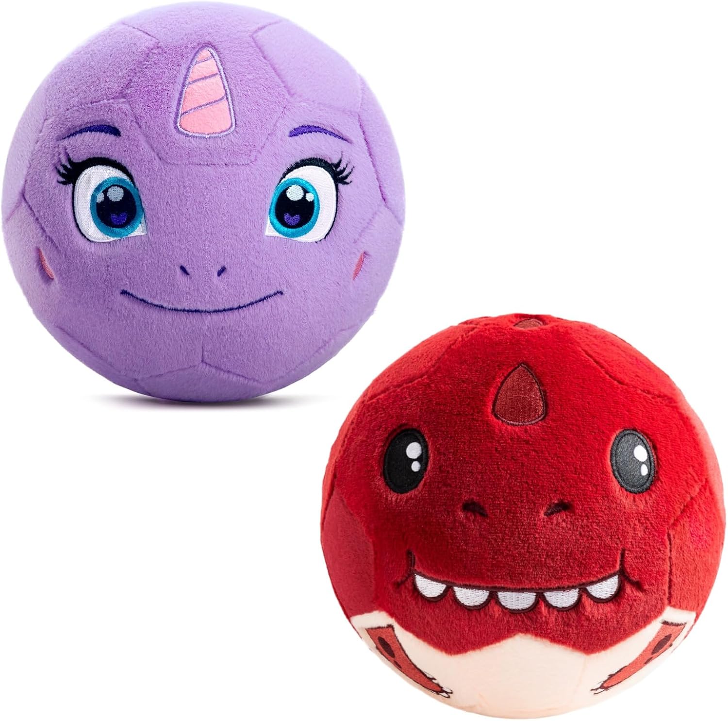 VangeBow Plush Soccer Ball Set: Purple Unicorn & Red T-Rex​