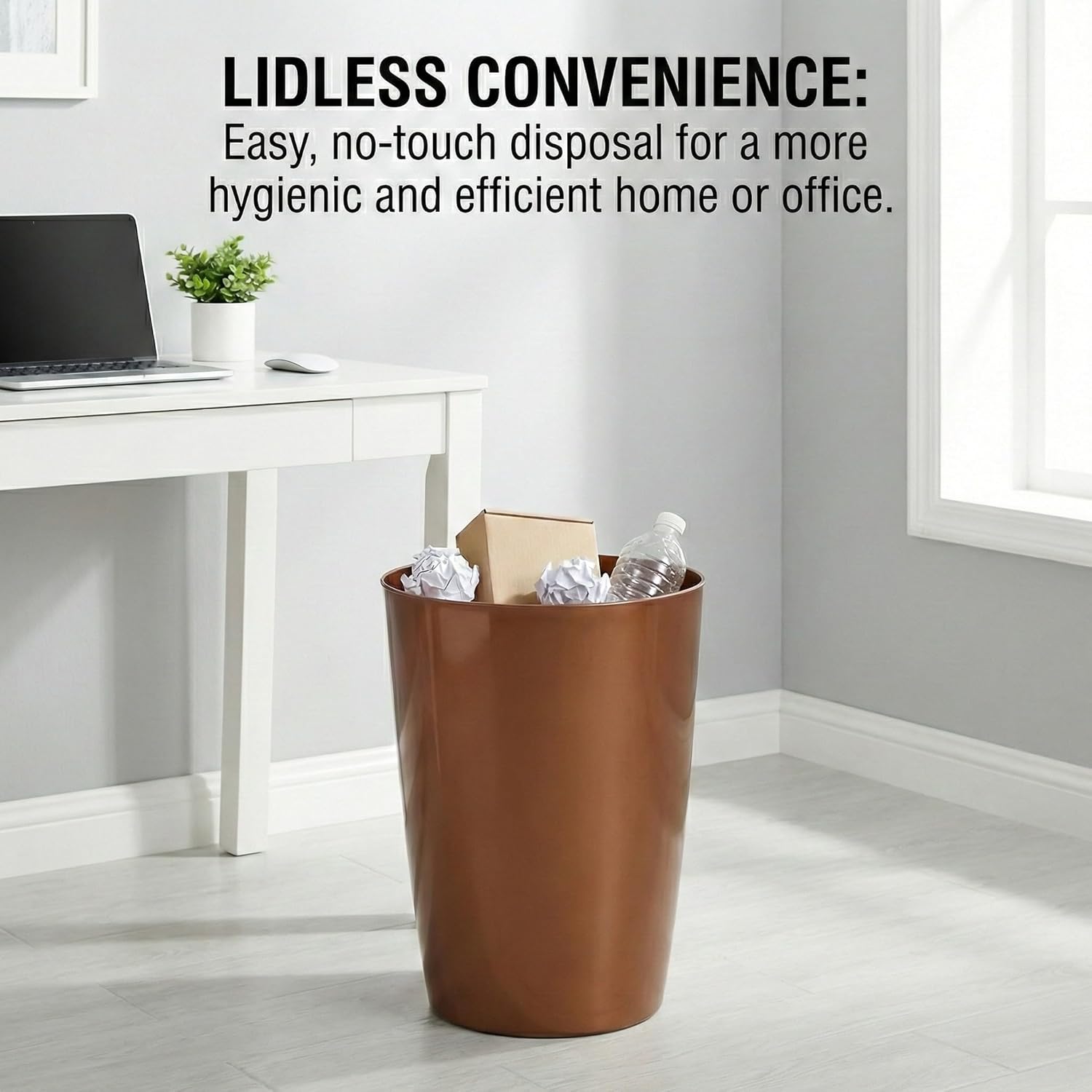 Mini Waste Basket - Durable Small Plastic Garbage Trash Can Bin - Lidless Open-Top, Slim Profile for Compact Spaces - Suitable for Home, Bathroom, Office, Bedroom, Kitchen and More, Copper