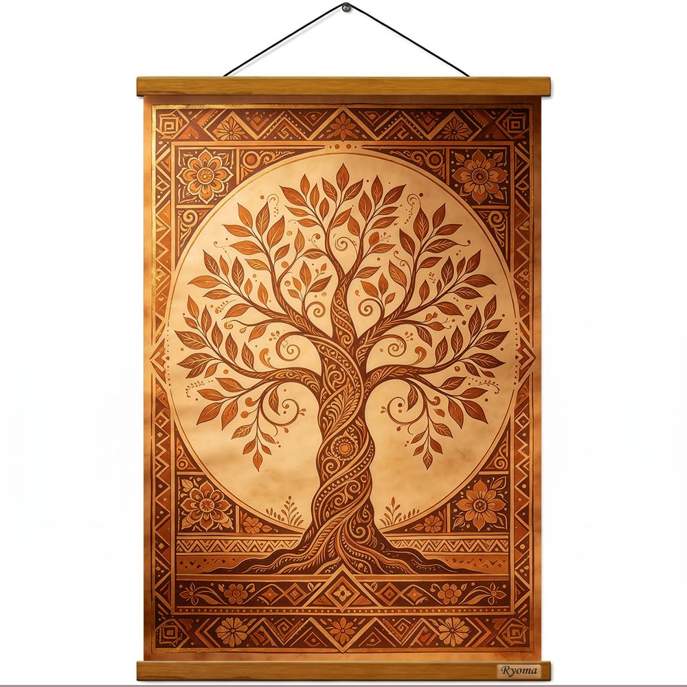 Ryoma Tree of Life Scroll Canvas Wall Art,Wooden Scroll Hanging Painting, HD Watercolor Print Canvas Wall Decor 16x24in (Antique Brown)