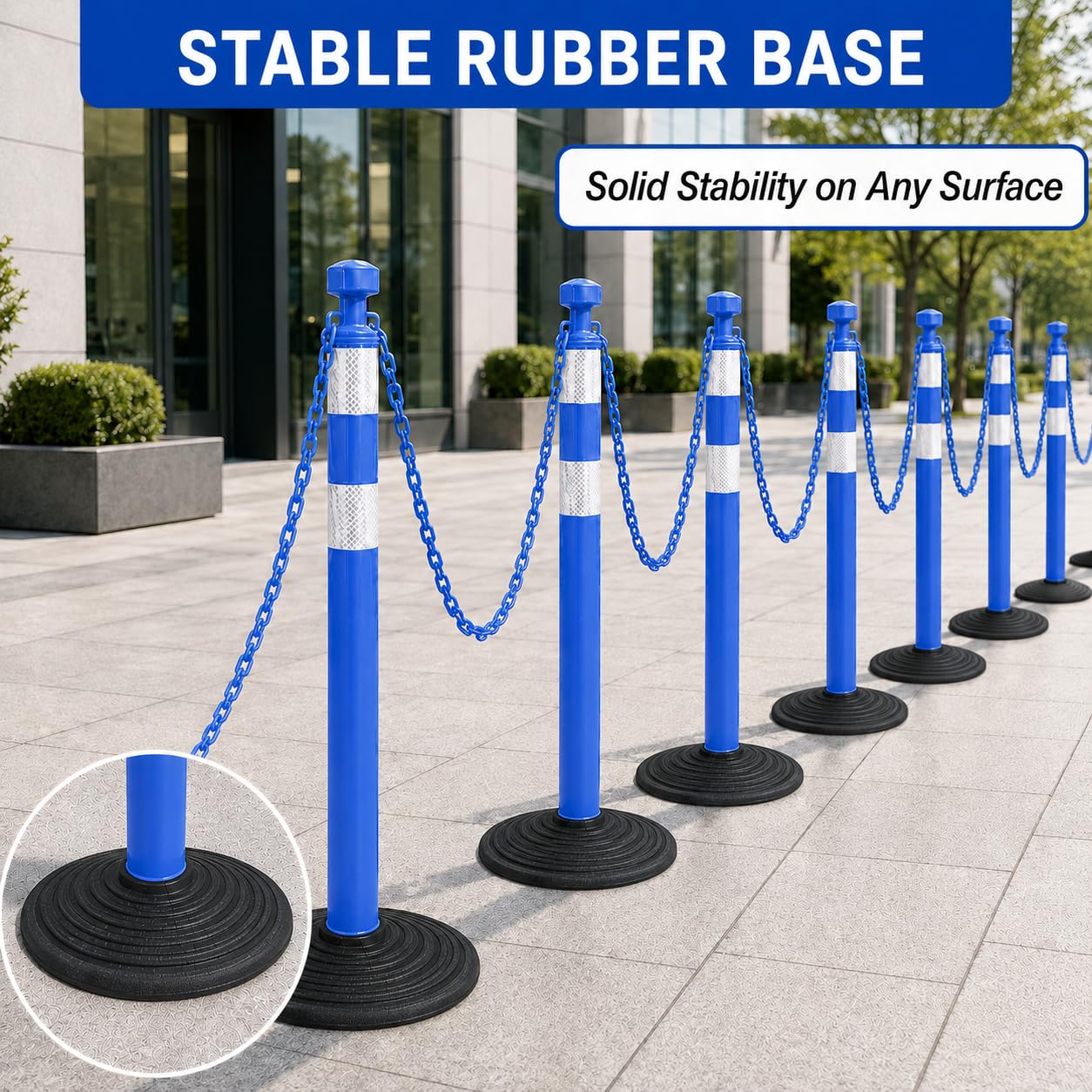 Set de 6 postes de seguridad de 99,6 cm con cadenas de plástico de 2 m, portátiles, para delimitación de áreas, obras, parkings y eventos (Azul y blanco)