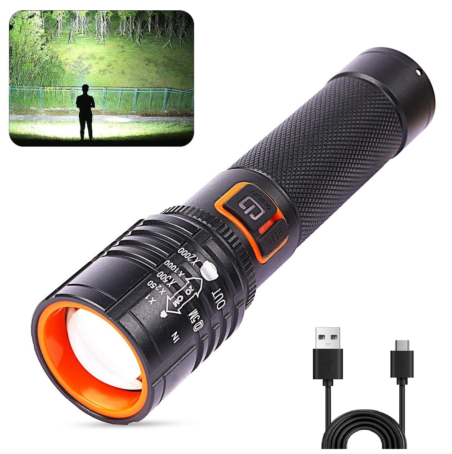 PICSTAR Rechargeable LED Torch Flashlight | Aircraft Aluminum Body, Telescopic Zoom, Water Resistant Torch with Multiple Light Modes | Portable Camping, Hiking, Emergency Light (Black)-picture-23