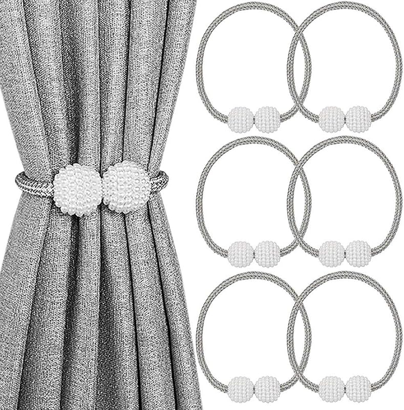 MELALUXE 6 Pack Magnetic Curtain Tiebacks, Decorative Curtain Holdbacks for Window Décor (Grey)