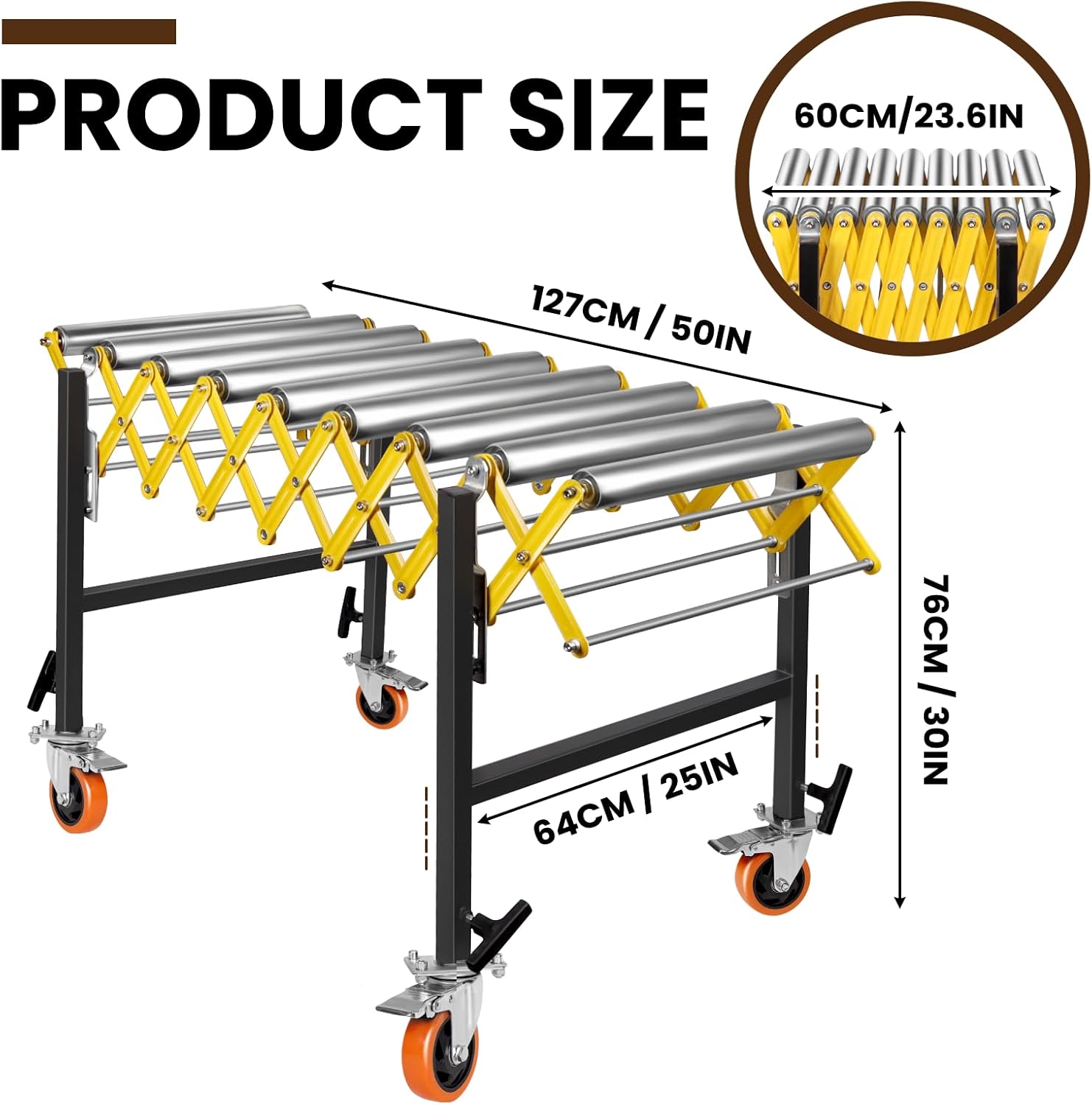 9 Rolls Expandable Conveyor Roller Stand, 1100 LBS Capacity Heavy-Duty Roller Conveyor Feed Stand with 360° Swivel Casters, 30’’ to 50’’ Expandable Height, for Factories and Workshops