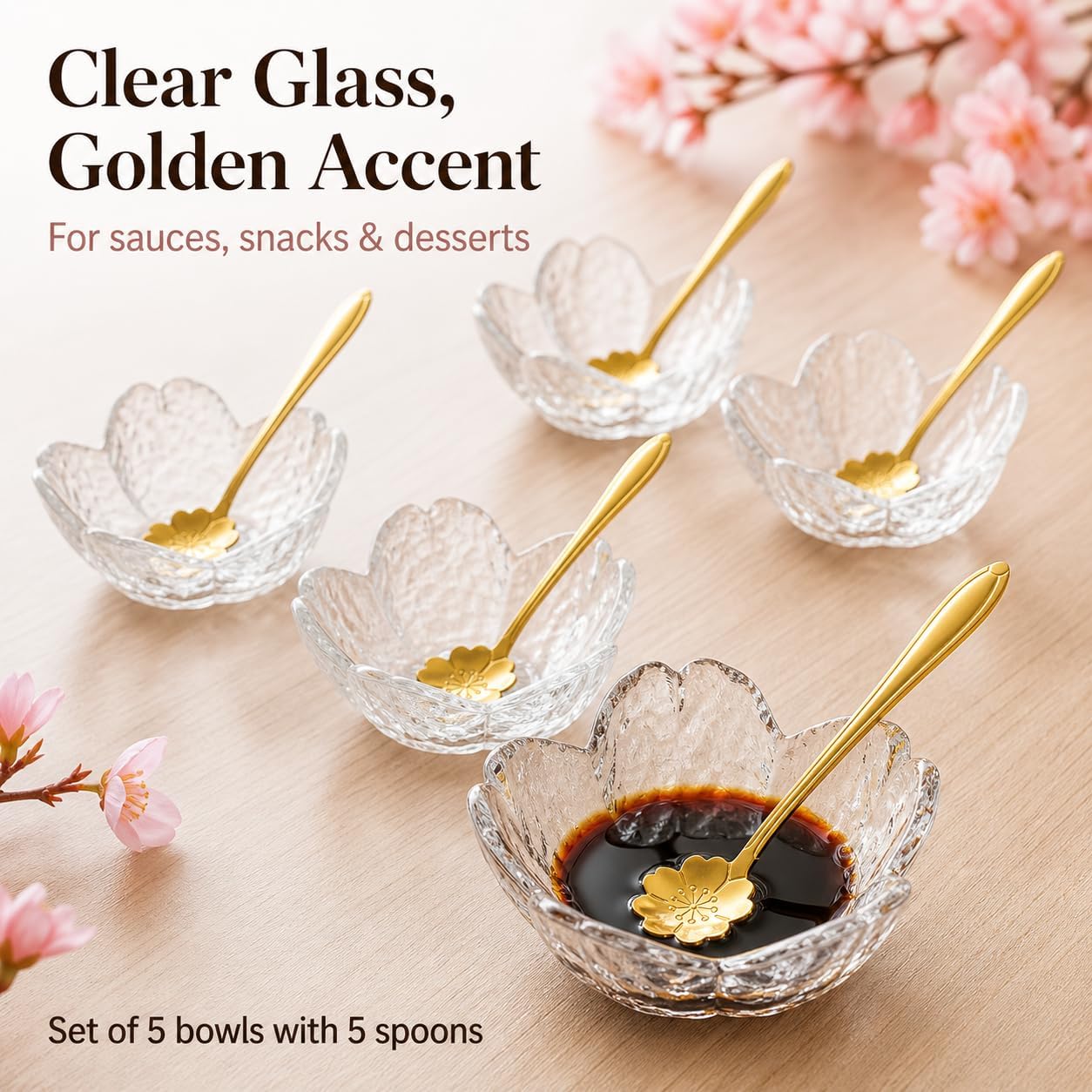 Soy Sauce Dish, Clear Glass, Cherry Blossom, 1.5 oz, Set of 5