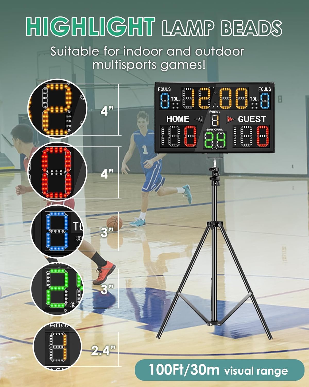 LED Basketball Scoreboard with Shot Clock, Large Digital Scoreboard with Control Panel & Remote & Tripod Multi-Purpose Electronic Scoreboard with Seven Scoring Modes