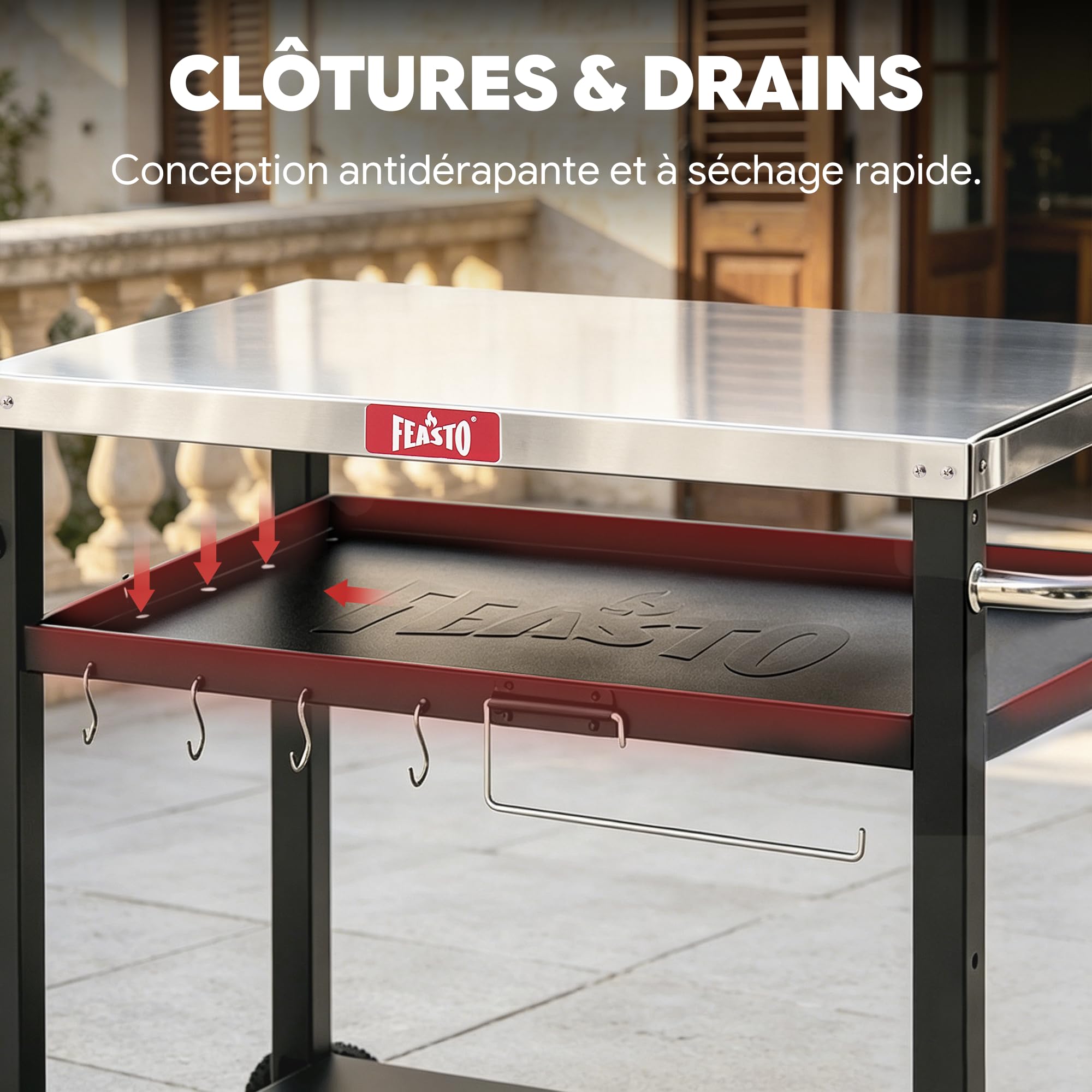 Feasto 3-Étagère Chariot de Barbecue, Desserte pour Plancha en Acier INOX, 4 Crochets et Porte-Serviettes en Papier, Idéal pour Jardin et Terrasse, 95 x 64 x 84 cm