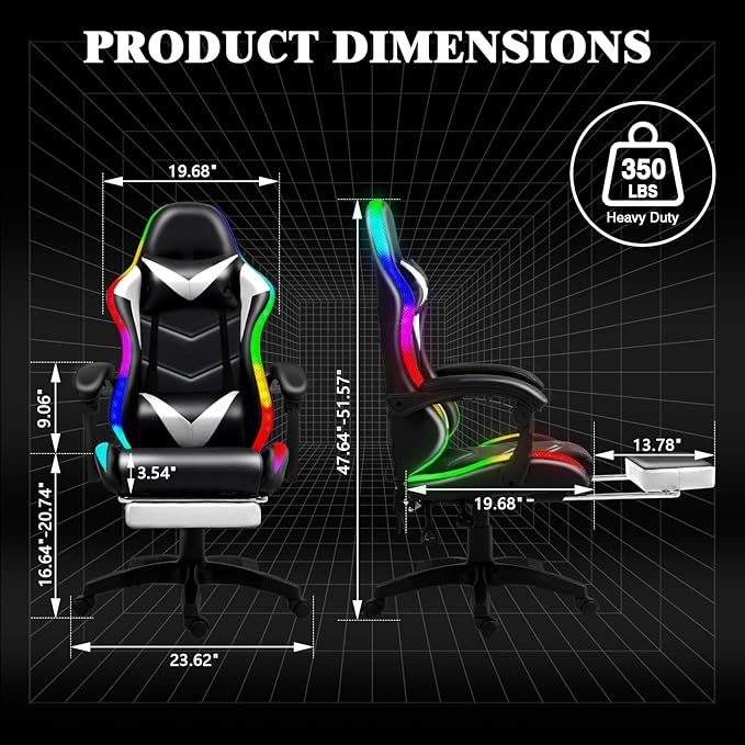 Gaming Chair, Racing Style RGB LED Lights Gaming Chairs for Adults and Kids, Lumbar Massager Gamer Chair, High Back Reclining Computer Chair with Footrest and Headrest (Black/White)