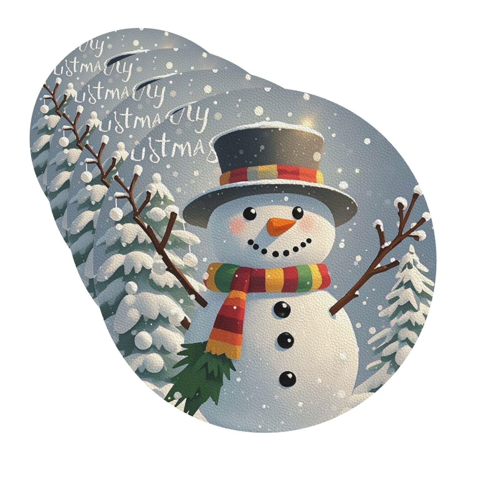 Drink Coasters Set of 4 Quick-Dry Leather Coaster Merry Christmas Snowman Coasters for Drinks Coffee Cup Mat Tabletop Protection Heat Resistant Coaster for Kitchen Bar Office Home Decor