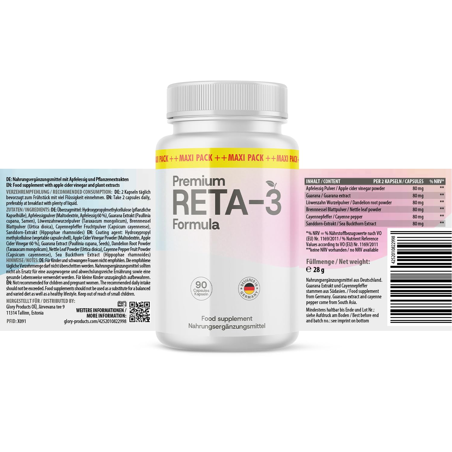 Premium Reta-3 Formula Kapseln | Mit Apfelessigpulver | 90 Kapseln Inhalt