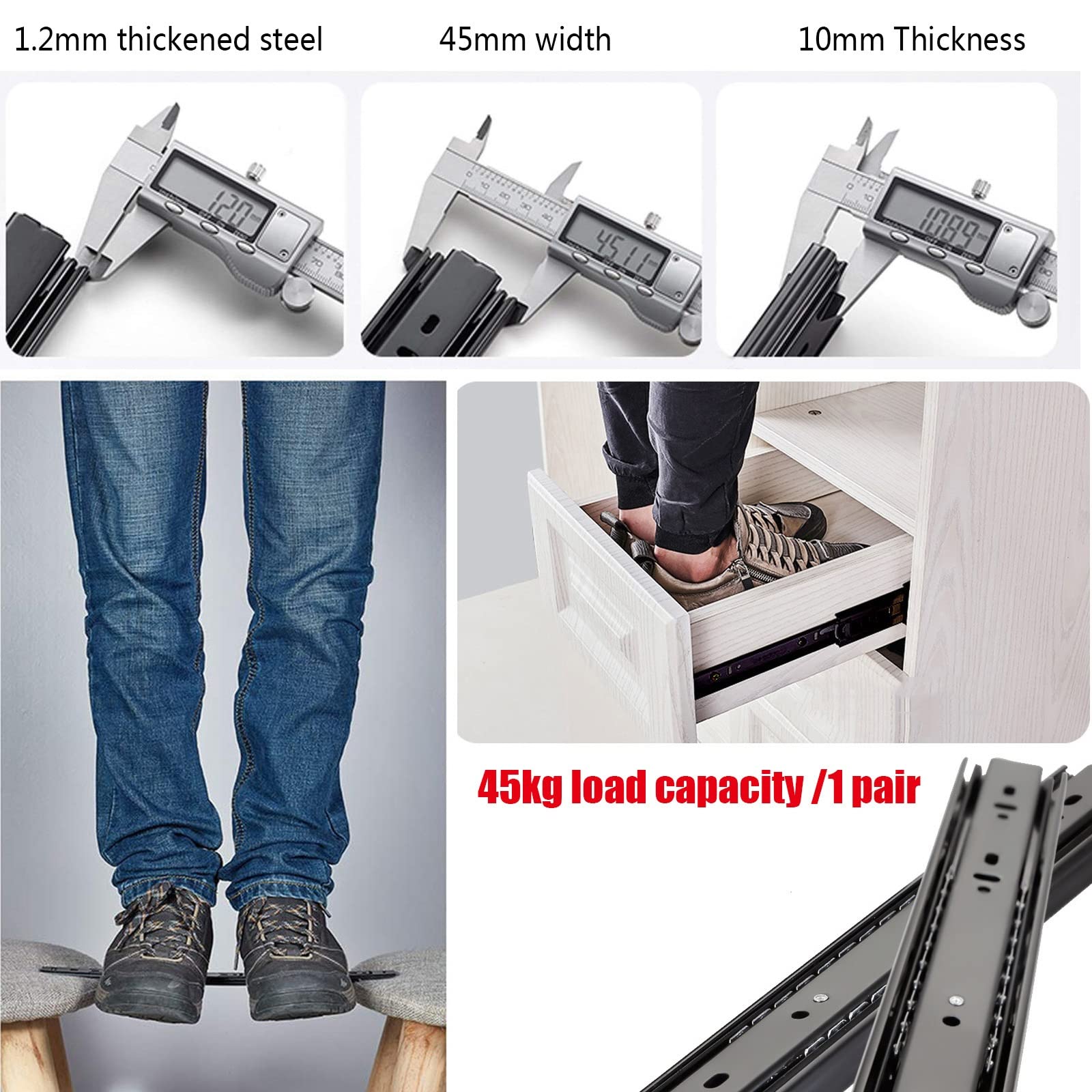 Coppia di Guide per cassetti Resistenti, carico 45 kg - Guide per cassetti con Cuscinetti a Sfera a Estensione Completa - per Una Facile conservazione - Lisce - Guida telescopica a 3 sezioni