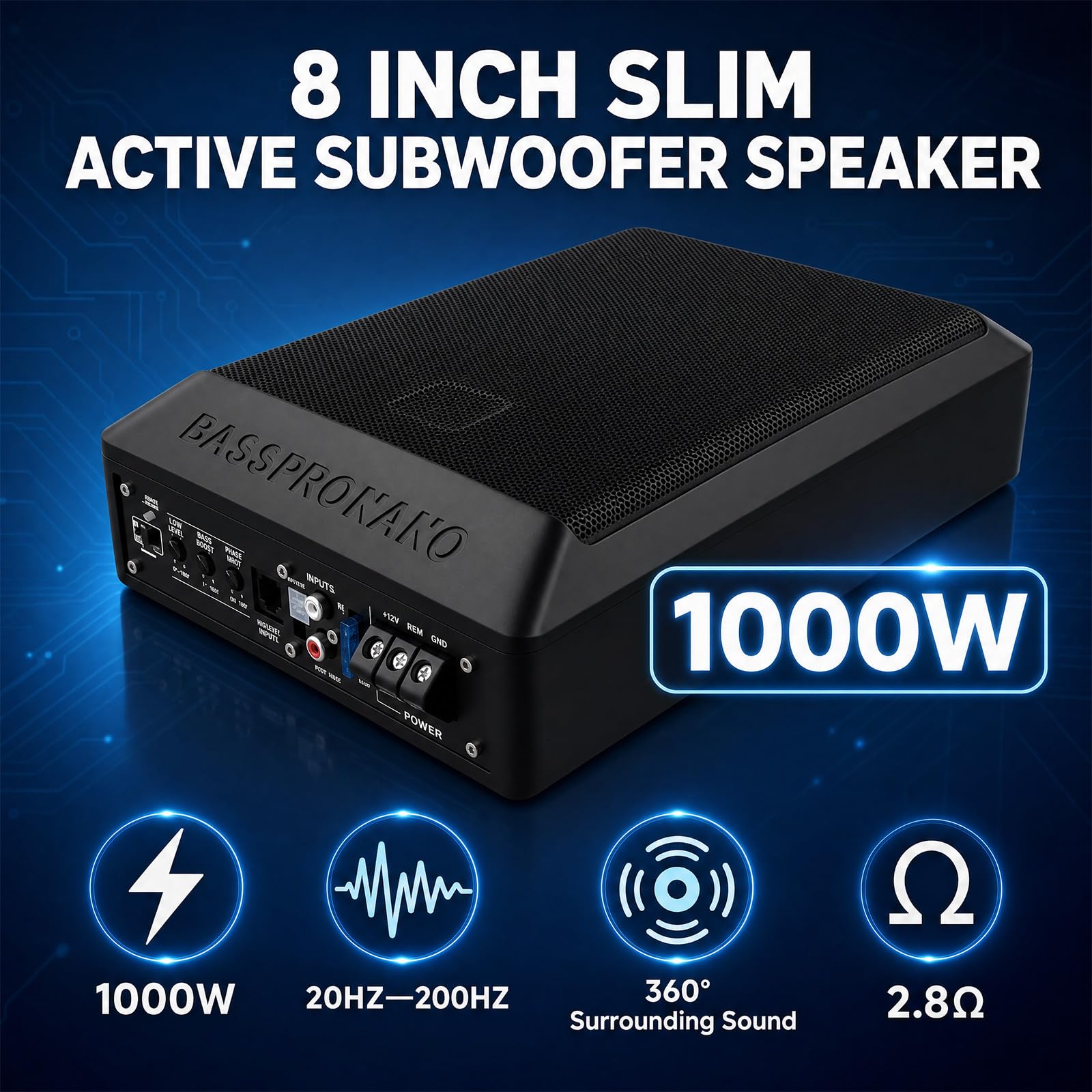 SIXWIN Subwoofer Attivo 1000W – Subwoofer Auto Piatto da 8 Pollici con Kit di Collegamento Amplificatore, 20–200 Hz, 2,8 Ω, 12V, Subwoofer Compatto per Bassi Profondi