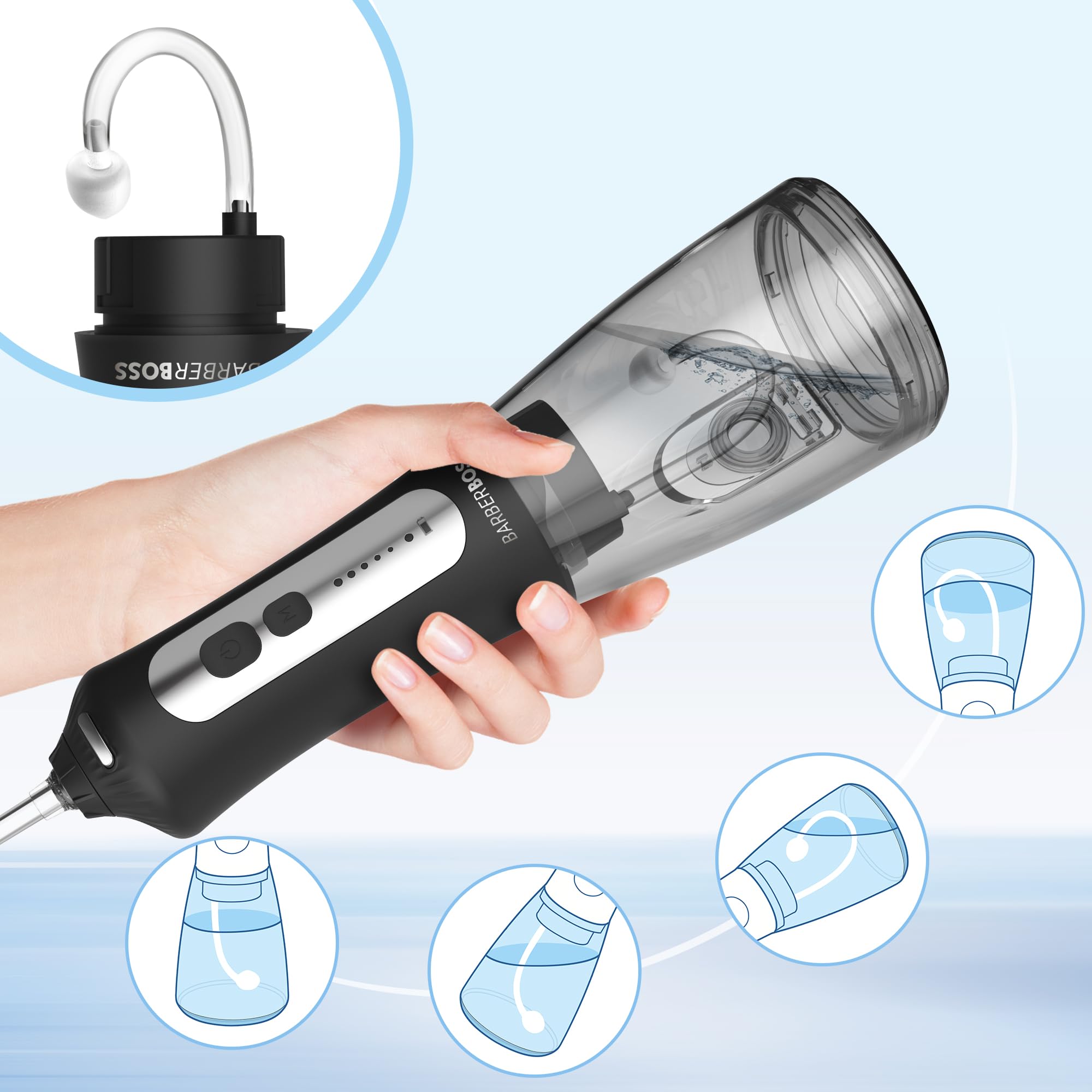 BarberBoss Kabellose Wasserflosser für Reisen & Zuhause, 5 Druckmodi, 6 Strahlspitzen, 300ml Tank, USB Wiederaufladbare Munddusche, IPX7 Wasserdicht, Zahnreiniger für Zahnspange & Zahnfleischpflege