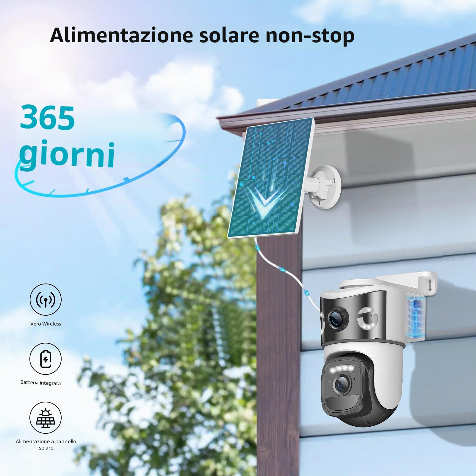 4K Telecamera Wi-Fi Esterno Senza Fili con Pannello Solare,Doppio Obiettivo Videocamera Sorveglianza WiFi,Rilevamento Umano PIR,Visione Notturna a Colori,Audio Bidirezionale,IP66