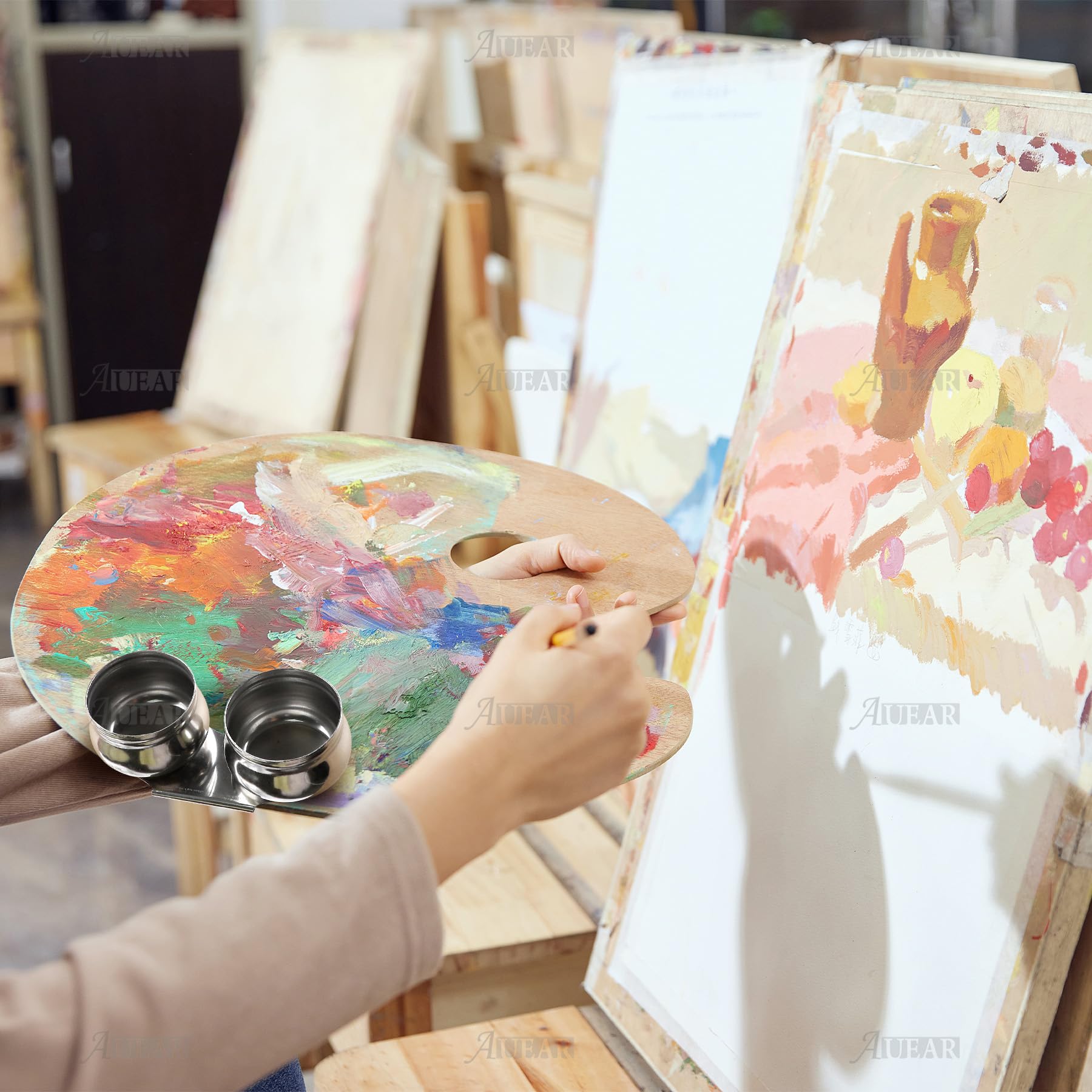 AUEAR, 2 Pack Stainless Steel Oil Painting Double Palette Cup with Screw Lid Dipper Clip for Watercolor Gouache - Image 5