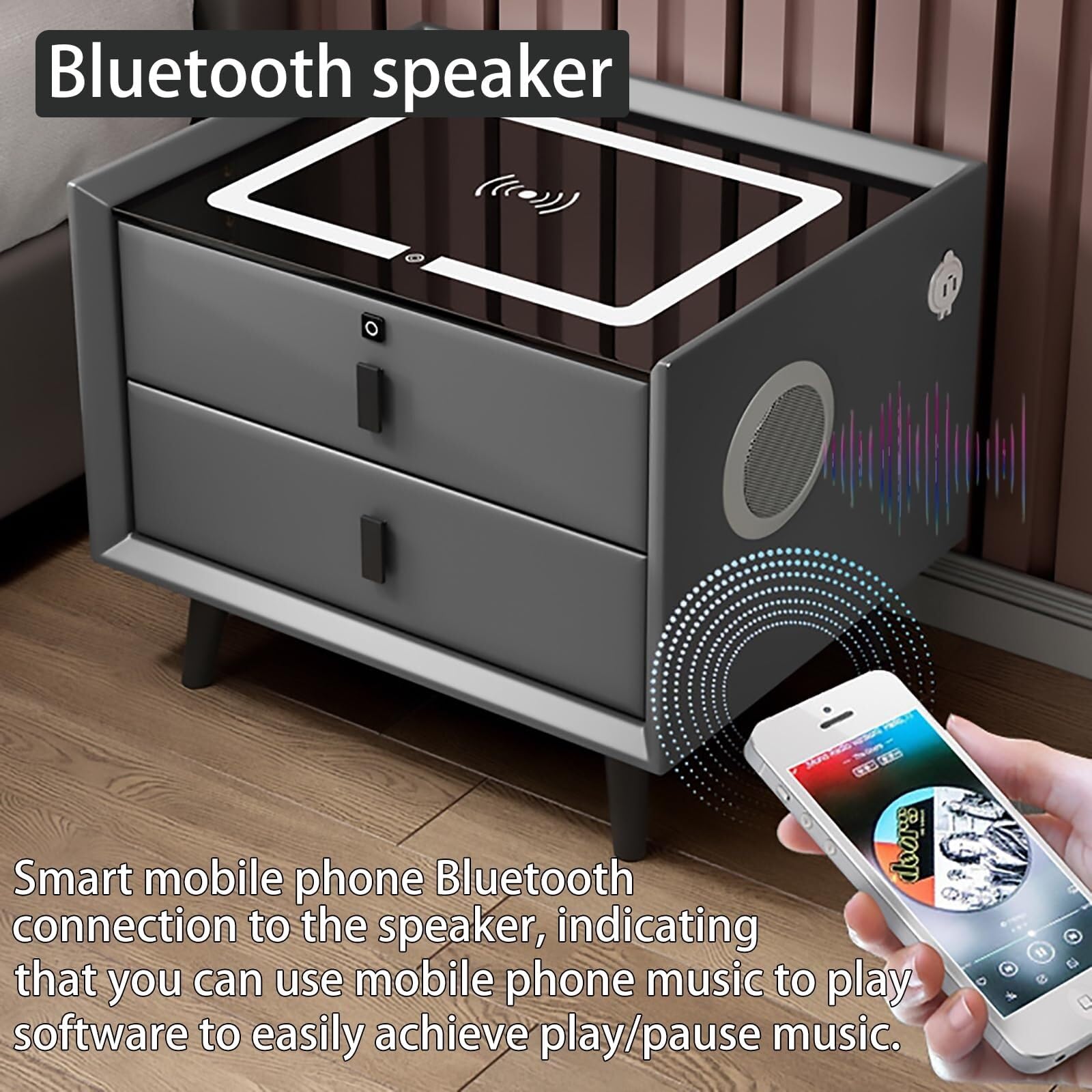 Głośnik Bluetooth, stolik nocny z 2 portami ładowania i światłami LED, wielofunkcyjna szafka do sypialni i salonu (szary nowoczesny design)