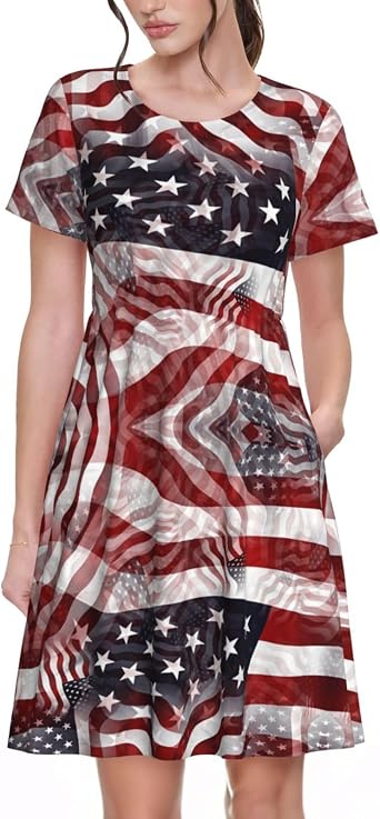 Diamonds Pattern Round Neck Short Sleeved Dress, Skin Friendly and Soft with Side Pockets
