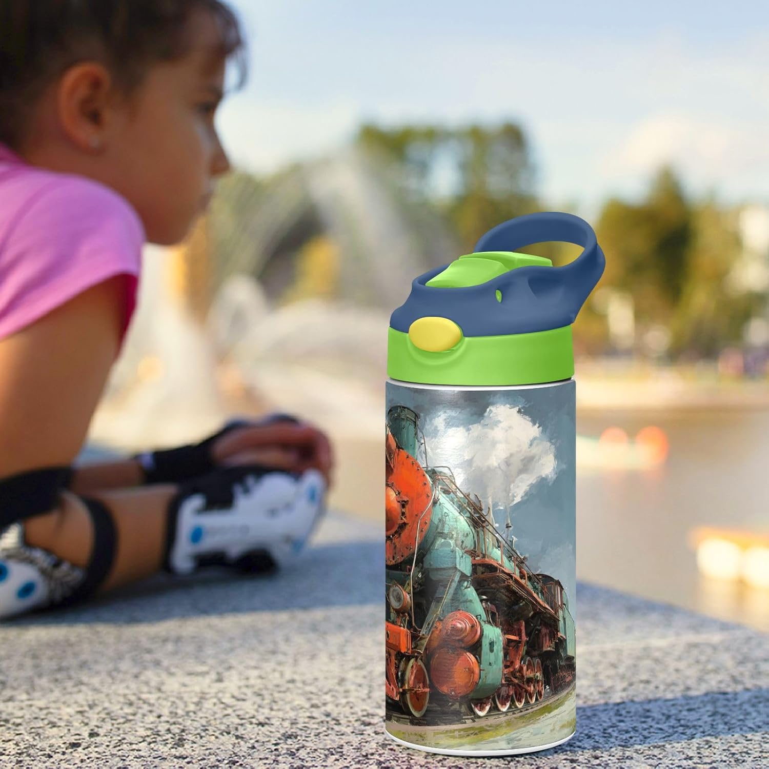 Boccsty Locomotive Train Kids Water Bottle with Straw Lid Insulated Stainless Steel Reusable Tumbler for Boys Girls Toddlers 12 oz Green