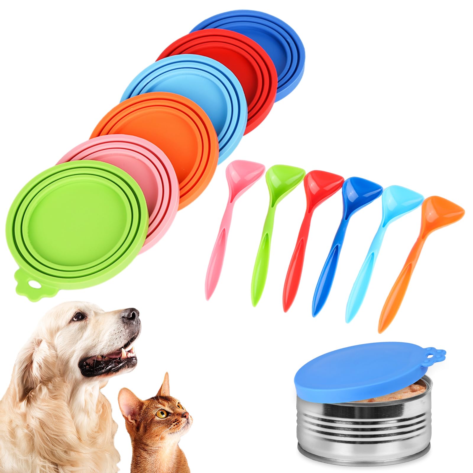 Lot de 6 Couvercles Silicone de Conserve Avec 6 Cuillères - Pour Boîtes de 65 mm, 75 mm et 85 mm - Adapté Aux Boîtes de Nourriture Pour Chiens et Chats