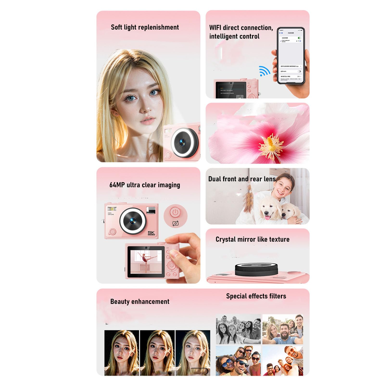 Bewinner Fotocamera Digitale 5k per Fotografia, Fotocamera da Vlogging da 64 MP per YouTube con Touchscreen HD da 2,8 Pollici, Telecamera Compatta WiFi HD con Flash per Principiante (PINK)