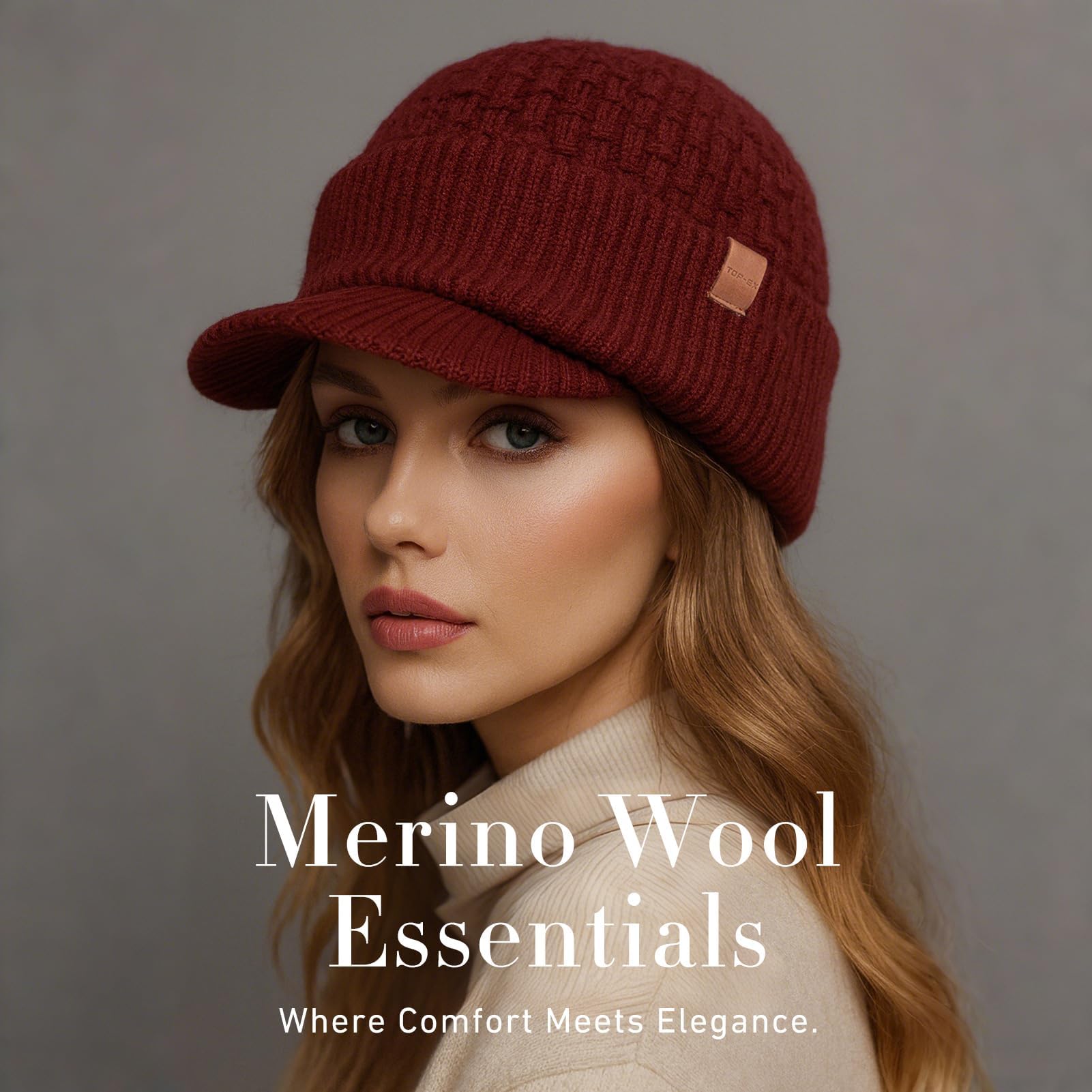 TOP-EX PolarWool™ 50% lana merino con pico para hombre y mujer con forro polar, visera térmica de invierno para clima frío, M-XXL