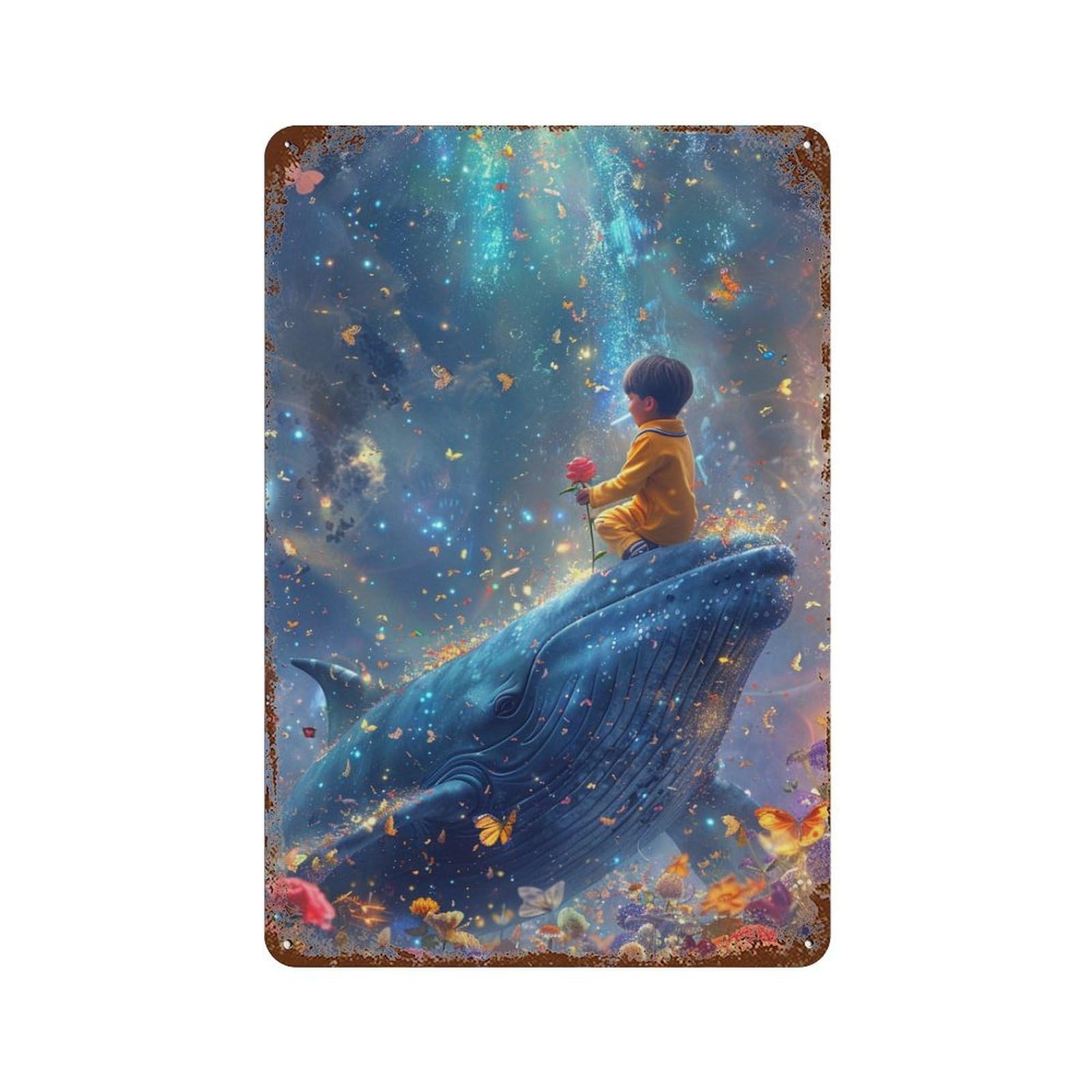 Whale, Child, Flower, Fantasy, Sky Rustic Tin Plaque 11.8"x7.9", Ideal for Patio, Garden Room And Bar Decor
