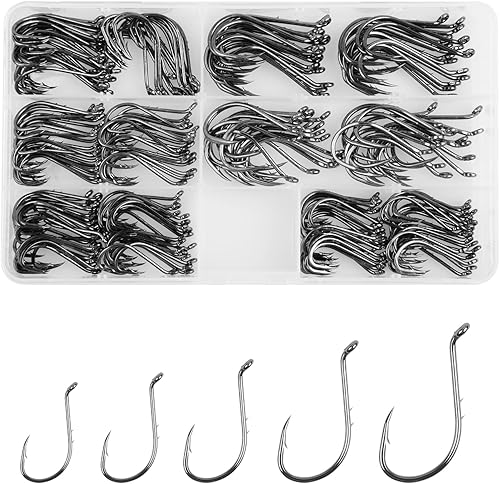 JSHANMEI 150 anzuelos de pesca con 2 púas de cebo, ganchos circulares desplazados, ganchos de pesca de tamaño surtido, caja de aparejos, para agua
